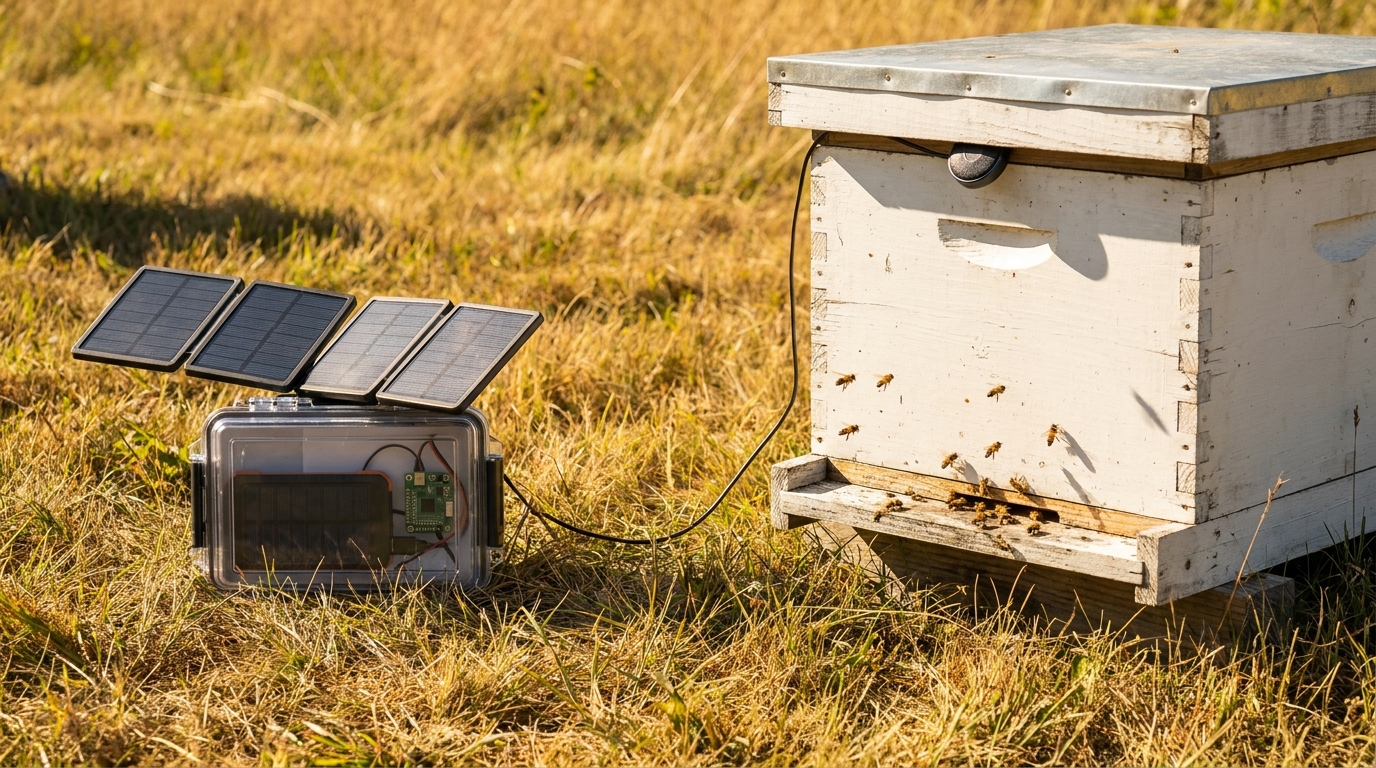 The sealed box and solar panels deployed beside a beehive in the field